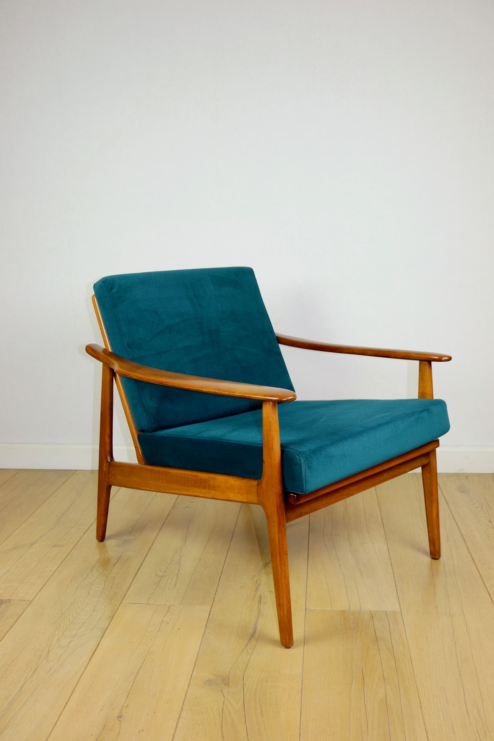 Armchair, sea green velvet, wood, Denmark, 1970s. - 227279