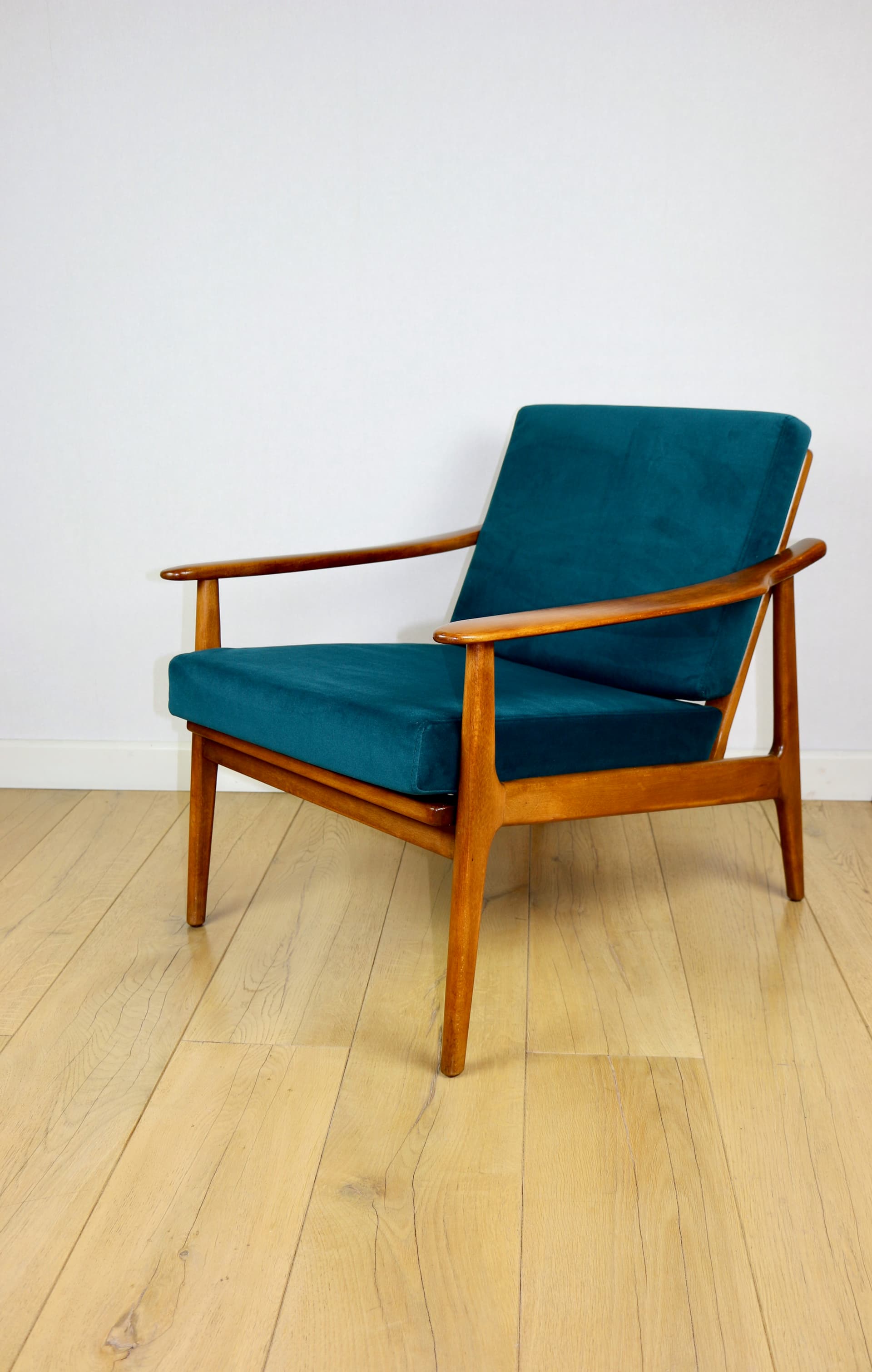 Armchair, sea green velvet, wood, Denmark, 1970s. - 227282