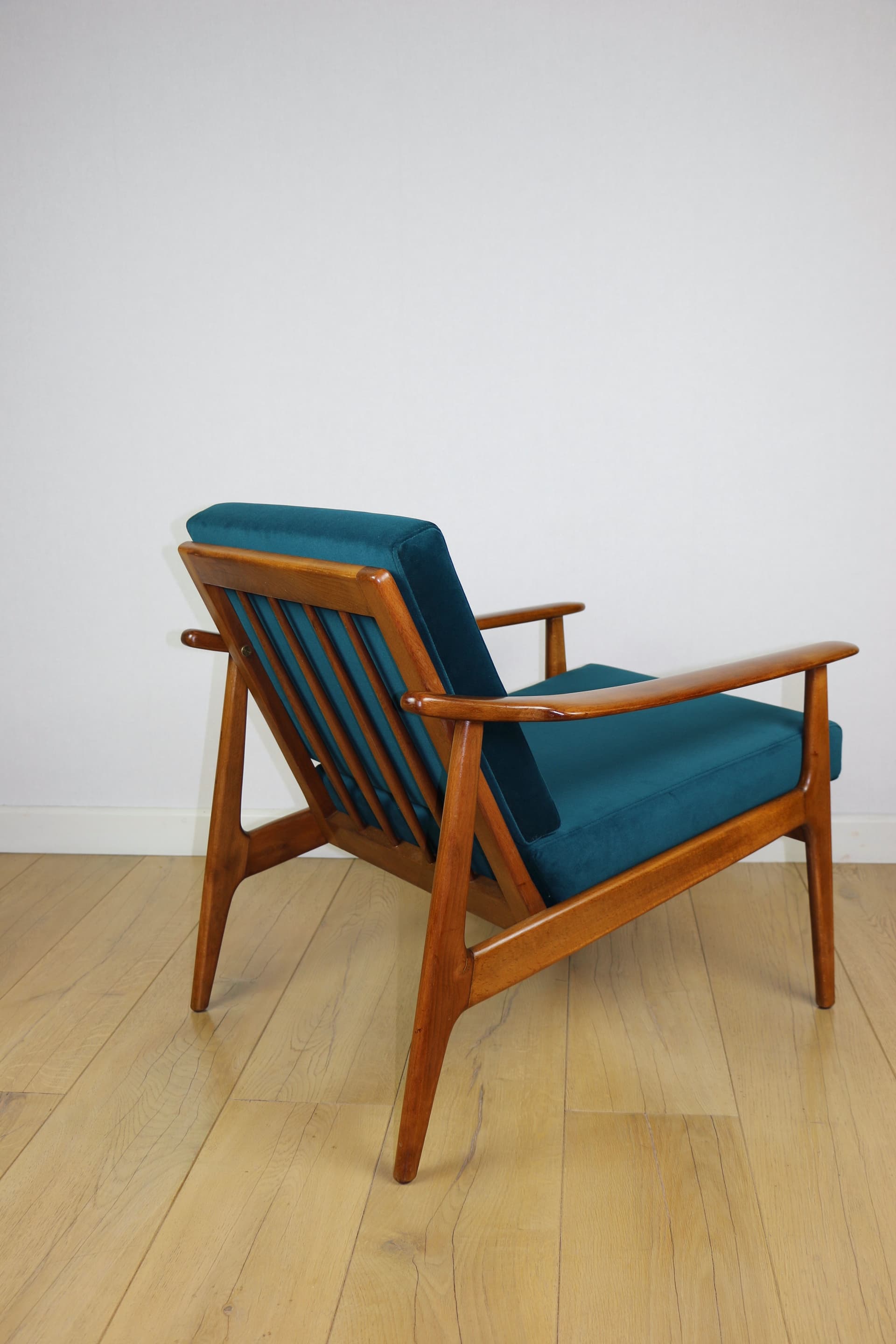 Armchair, sea green velvet, wood, Denmark, 1970s. - 227278