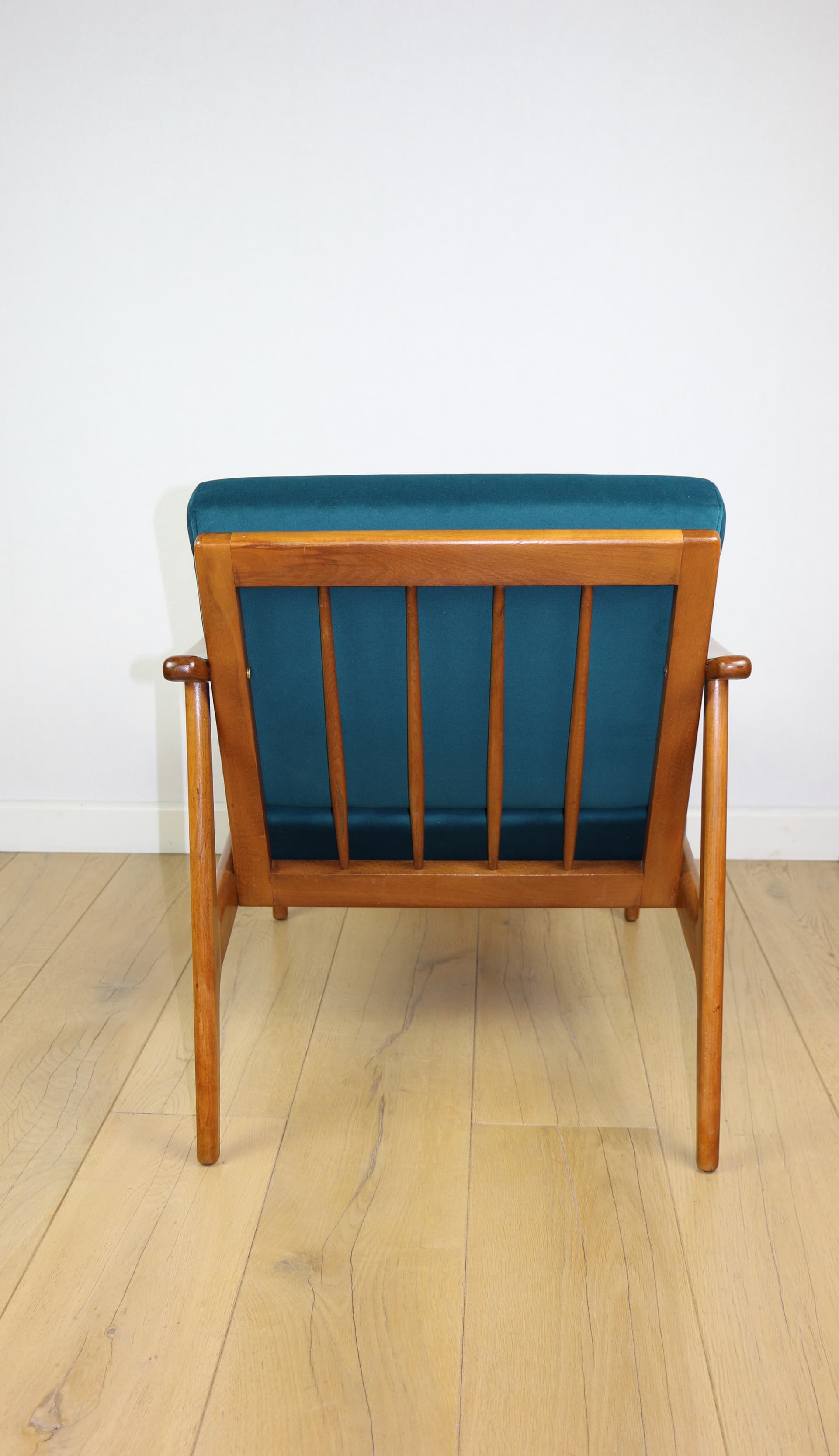 Armchair, sea green velvet, wood, Denmark, 1970s. - 227277