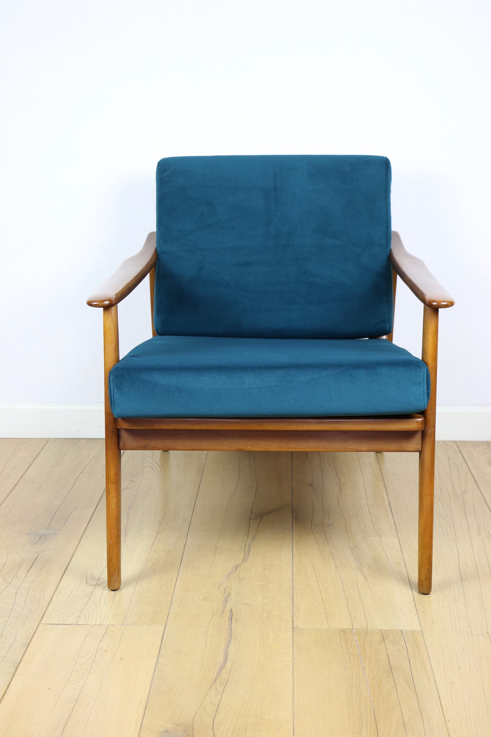 Armchair, sea green velvet, wood, Denmark, 1970s. - 227281
