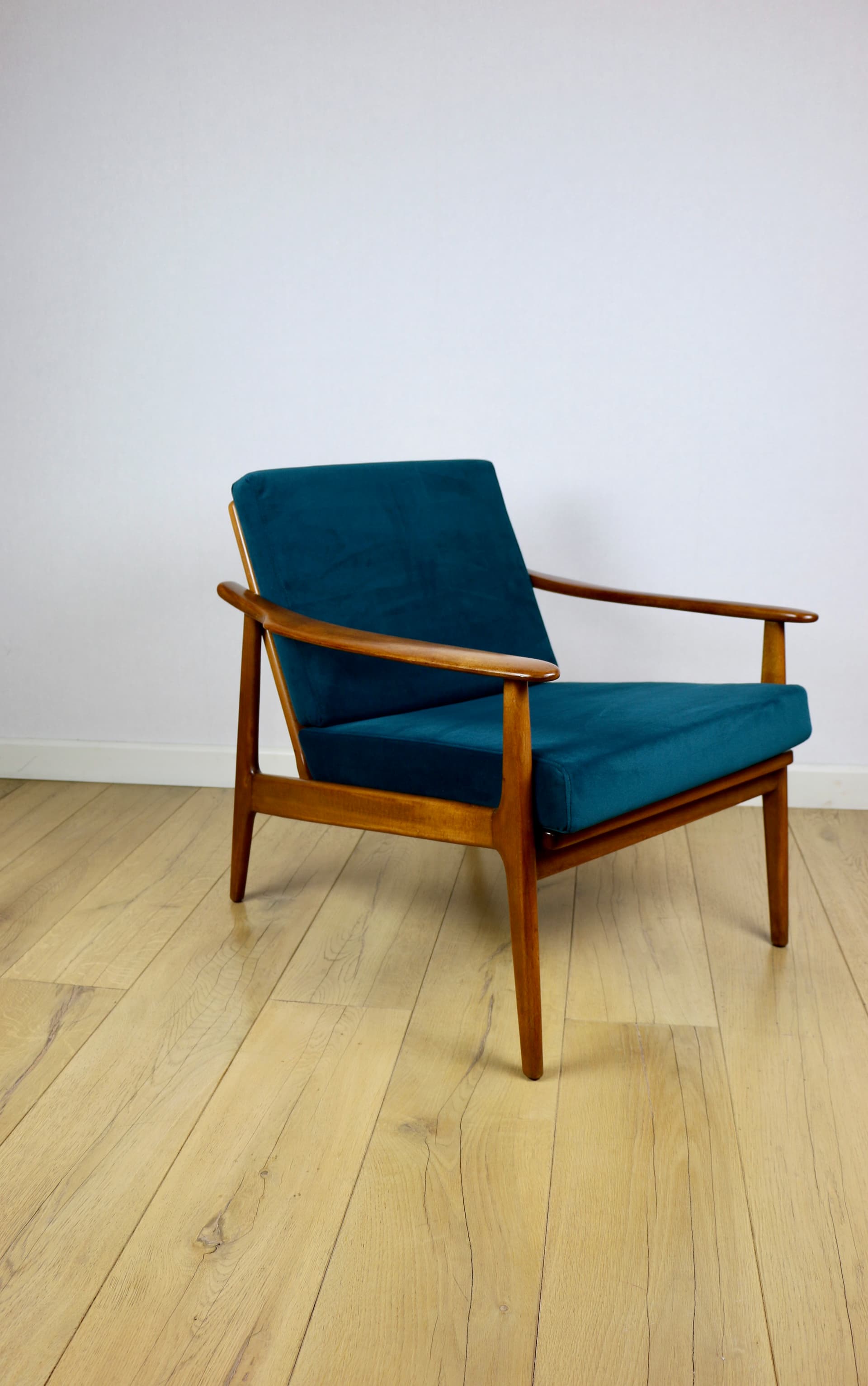 Armchair, sea green velvet, wood, Denmark, 1970s. - 227280