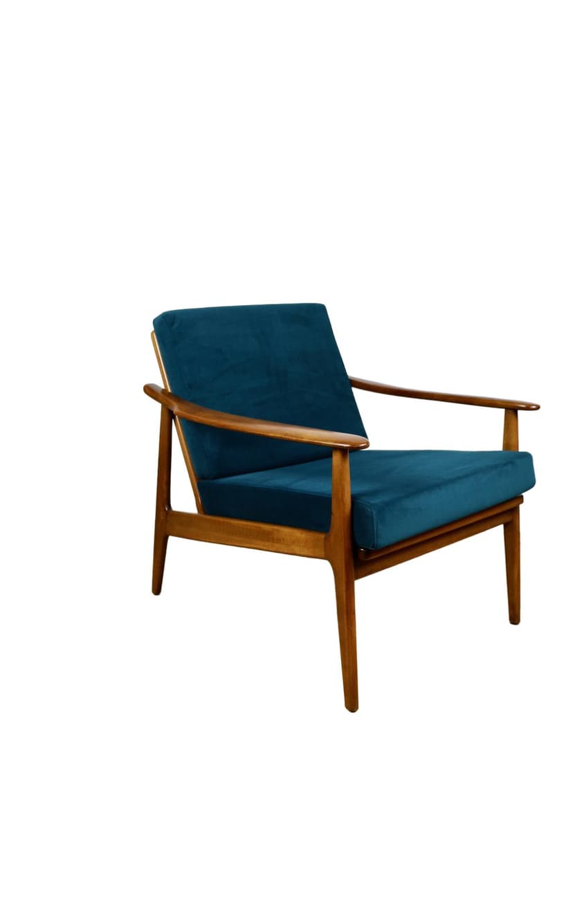 Fotel, zieleń morska velvet, drewno, Dania, lata 70.