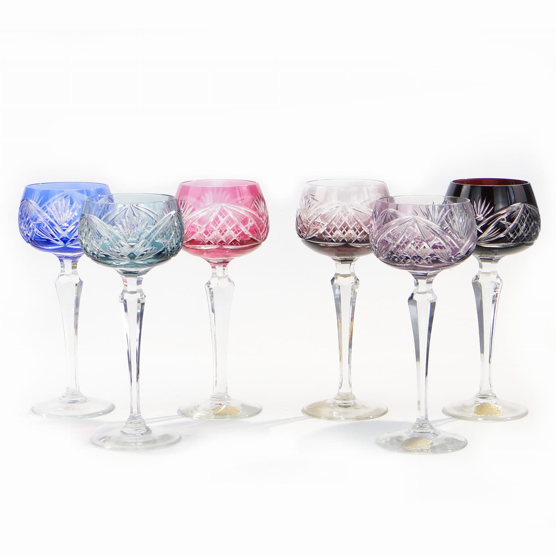 Zestaw sześciu kielichów Art Deco, multicolor, kryształ, Niemcy, lata 30.