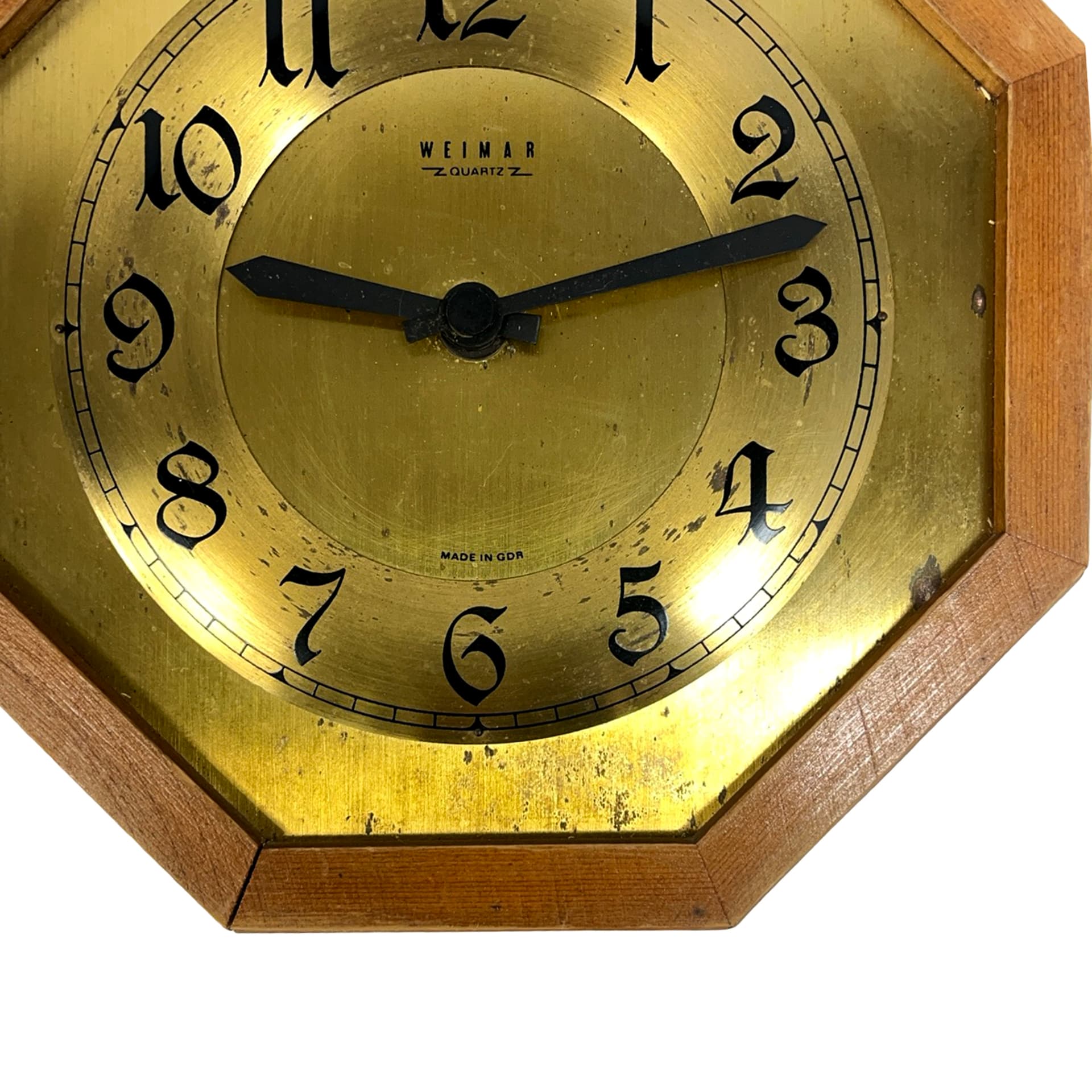 Zegar ścienny ośmiokątny, dąb brązowy, mosiądz złoty, aluminium czarny, szkło, Niemcy, lata 70. - 227438