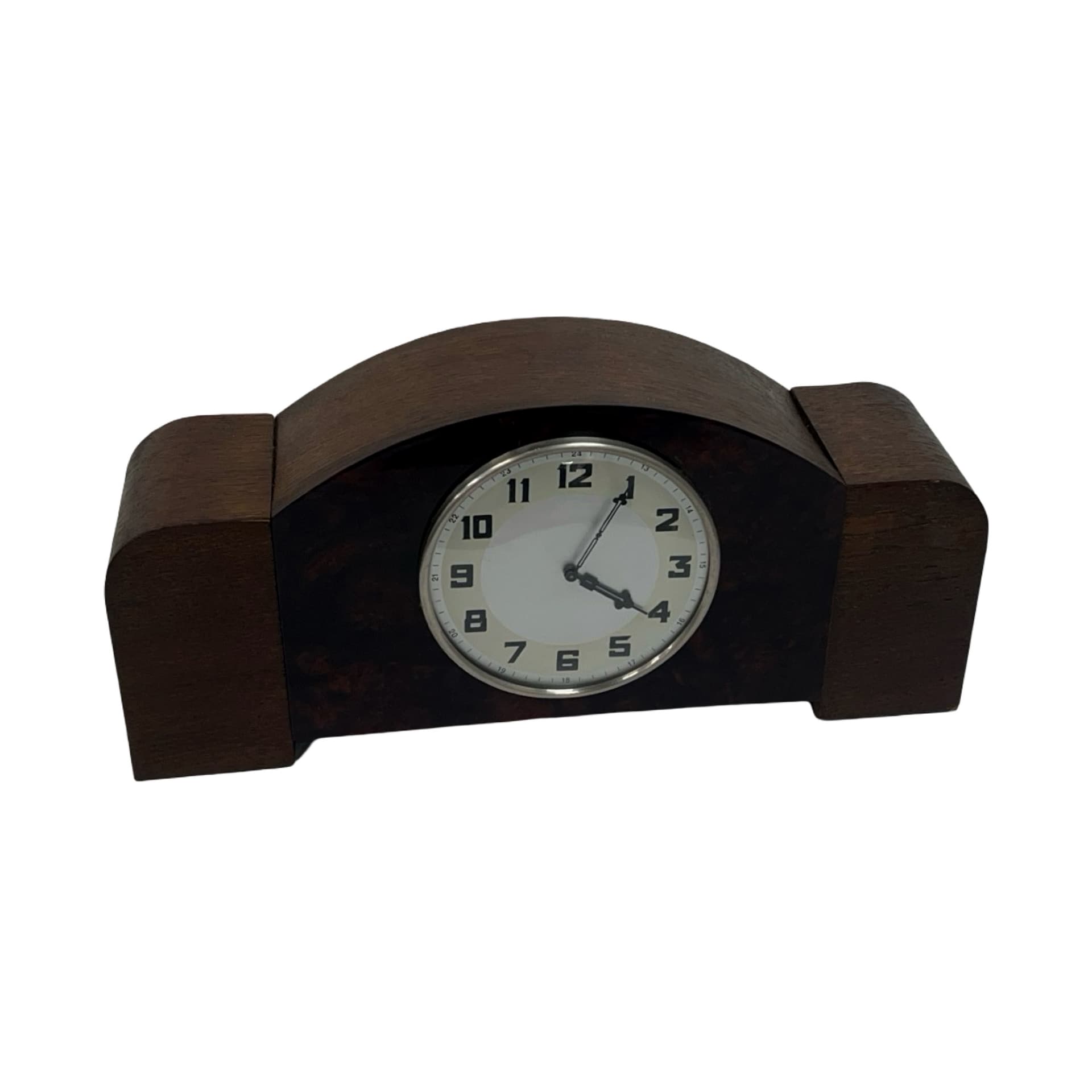 Mantel Clock Art Deco, brown, wood bakelite glass, Germany, 1930s. - 227816