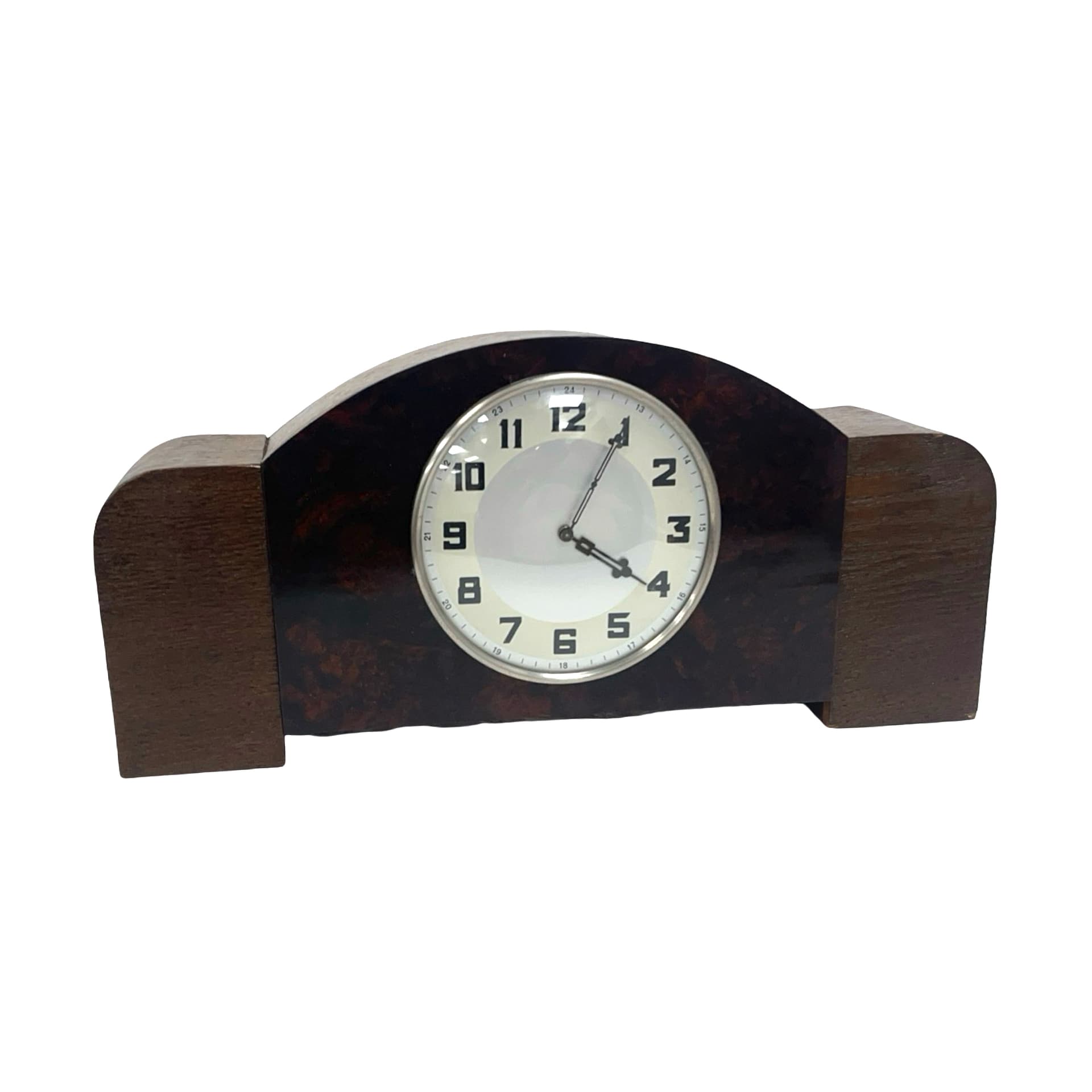 Mantel Clock Art Deco, brown, wood bakelite glass, Germany, 1930s.