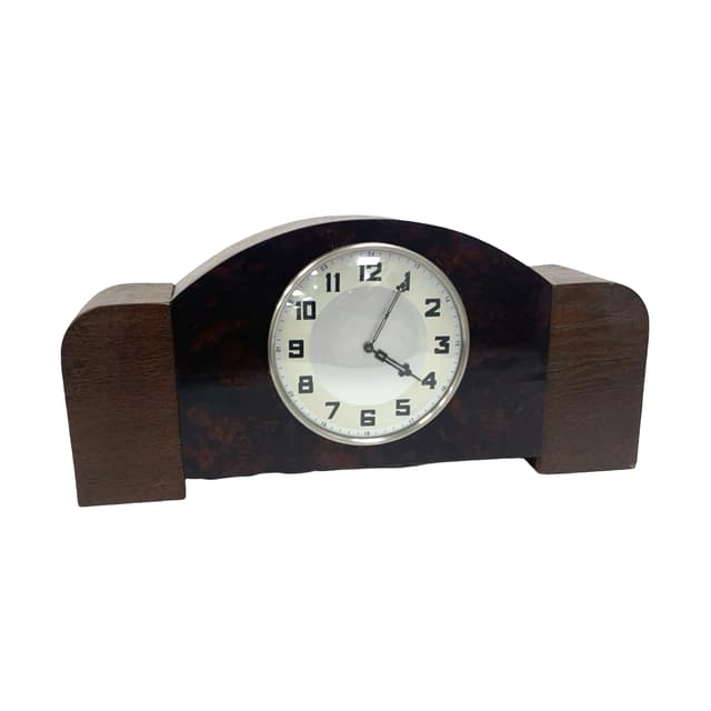 Mantel Clock Art Deco, brown, wood bakelite glass, Germany, 1930s. - DIMENSION