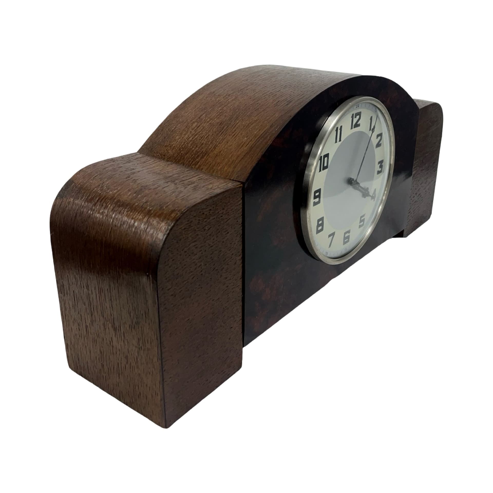 Mantel Clock Art Deco, brown, wood bakelite glass, Germany, 1930s. - 227811