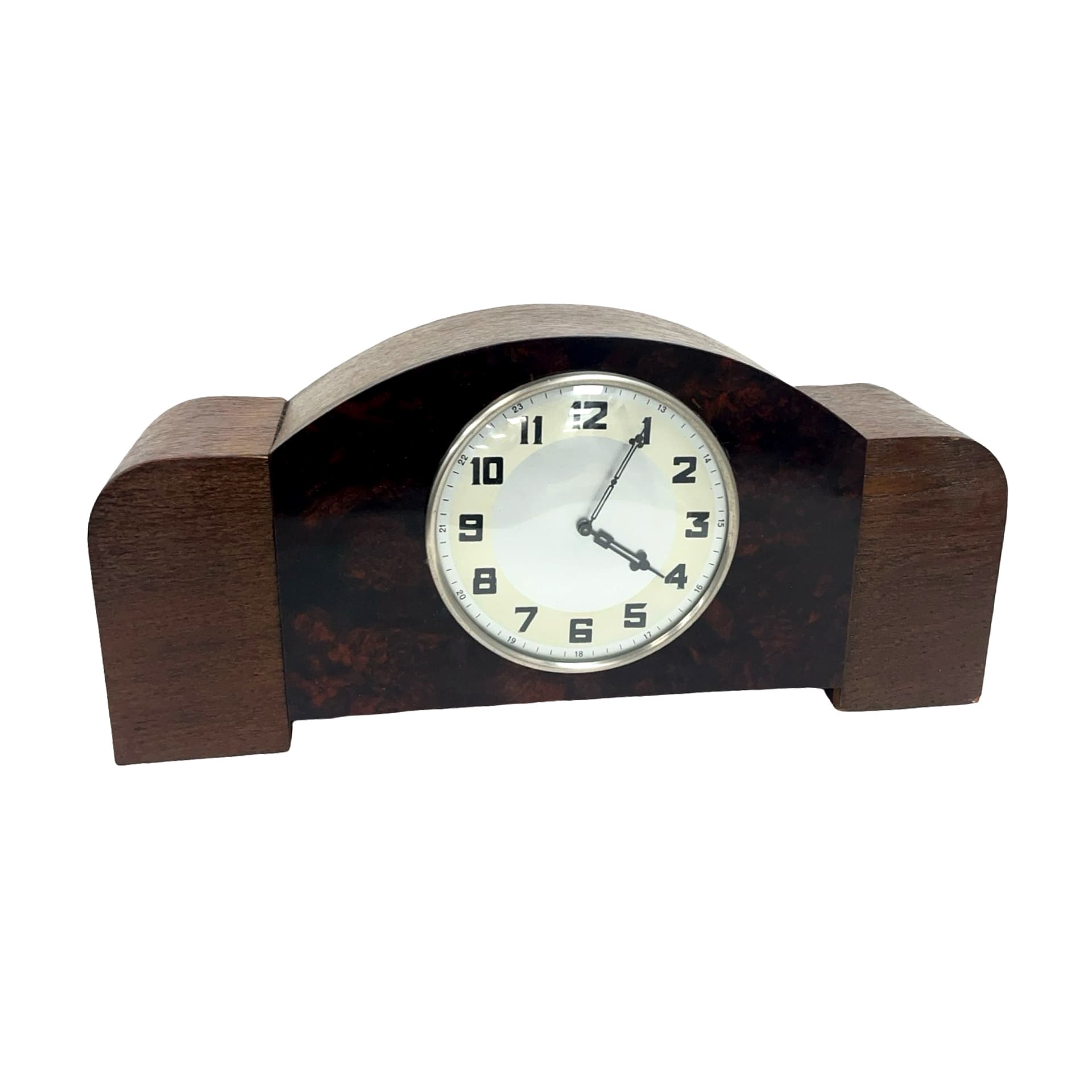 Mantel Clock Art Deco, brown, wood bakelite glass, Germany, 1930s. - 227812
