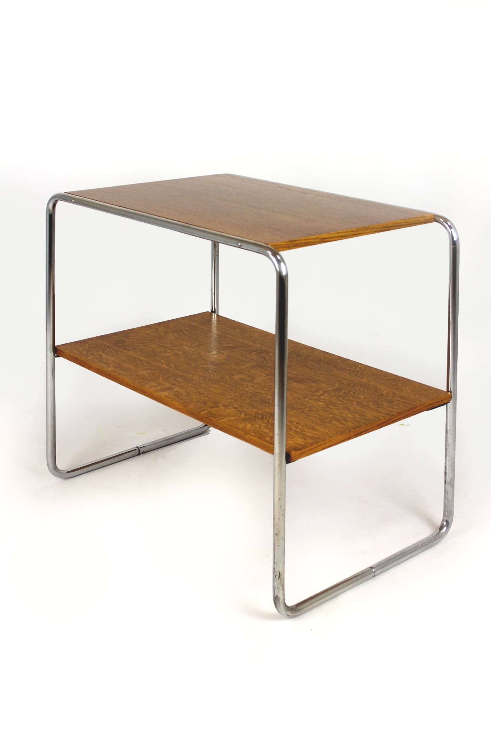 Side Table B12, Bauhaus, brown wood, chromed steel, by M. Breuer, 1930s.
