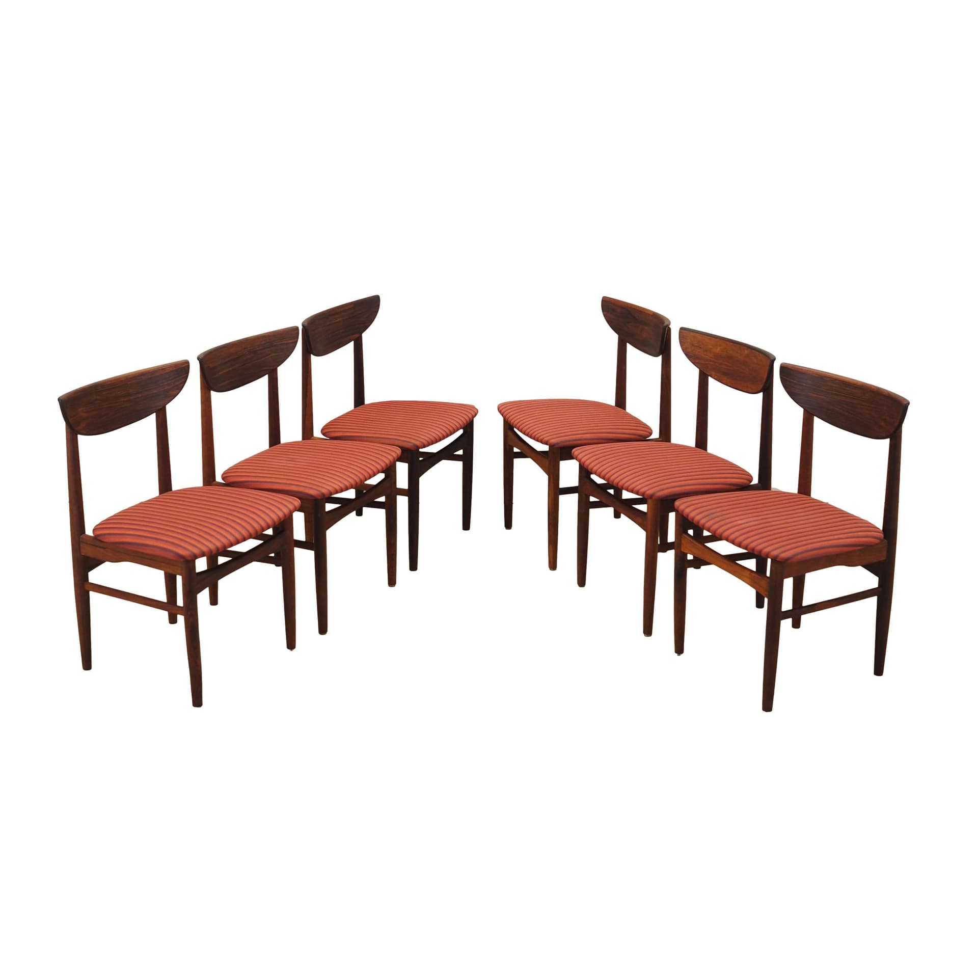 Set of six chairs, multicolor rosewood, Skovby Møbelfabrik, Denmark, 1970s.