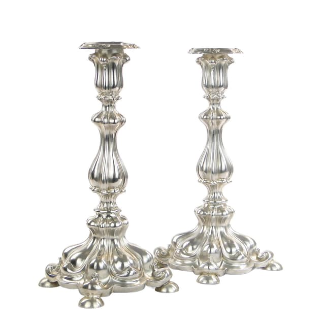 Para świeczników rococo, mosiądz platerowany srebrem, Austria, XIX w. - WYMIARY