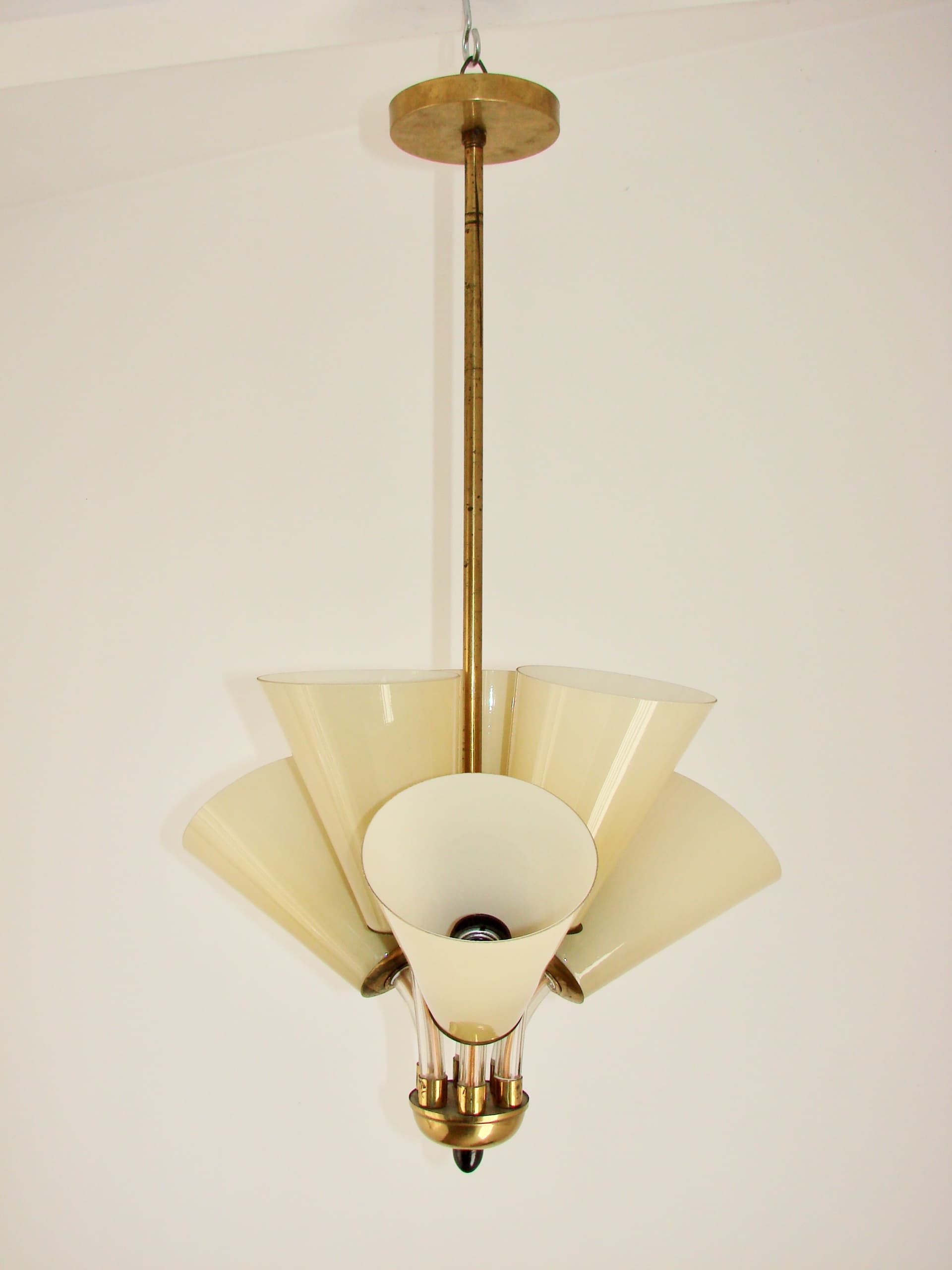 Pendant lamp, Lustry Kamenický Šenov, yellow glass, brass, Czechoslovakia, 1950s. - 228352