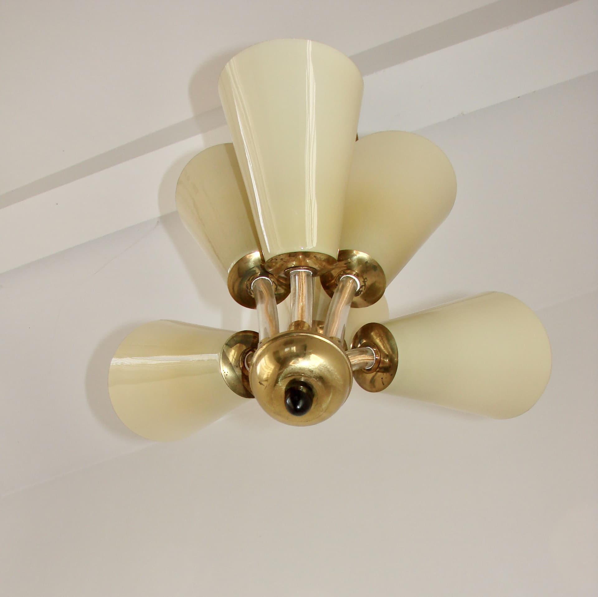 Pendant lamp, Lustry Kamenický Šenov, yellow glass, brass, Czechoslovakia, 1950s. - 228350