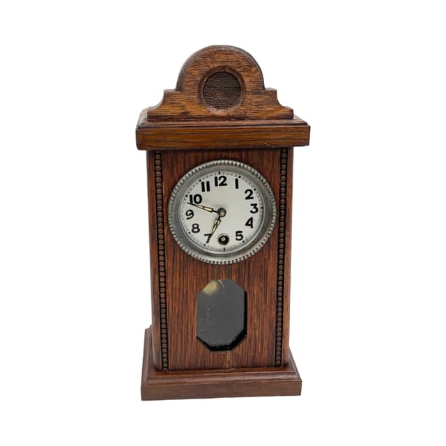 Zegar kominkowy miniaturowy, dąb brązowy, Niemcy, lata 20. - WYMIARY