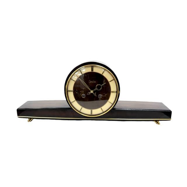 Zegar kominkowy Zentra, czarny, drewno lakierowane, metal, Niemcy, lata 60. - WYMIARY