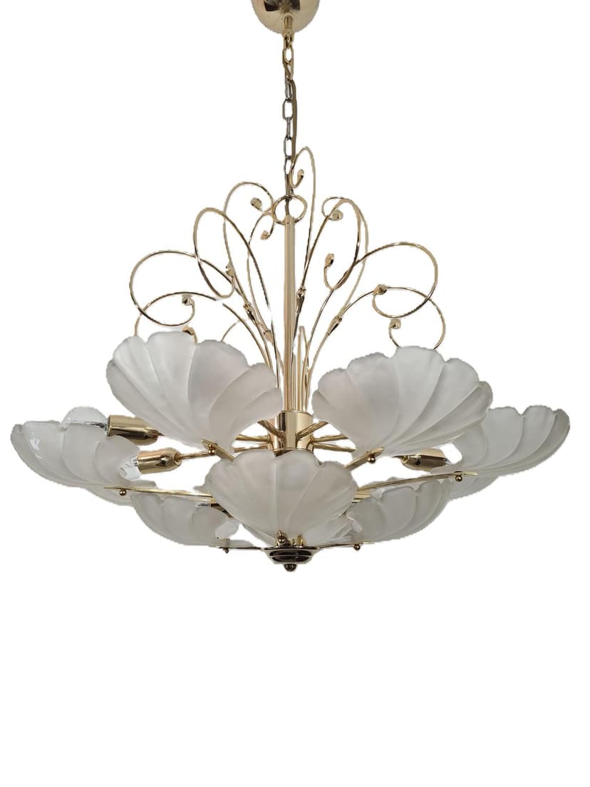 Żyrandol, mosiądz polerowany, szkło matowe białe, Deknudt, Belgia, lata 70.