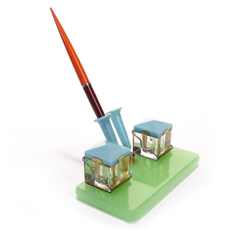 Desk set, blue glass, blue plastic, brass, Poland, 1950s. - 229202