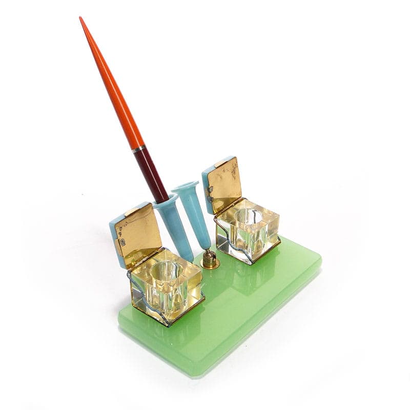 Desk set, blue glass, blue plastic, brass, Poland, 1950s. - 229203