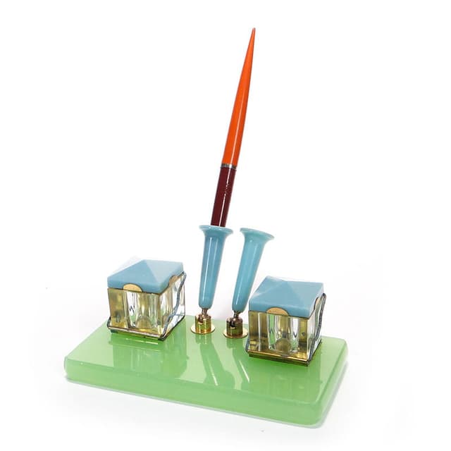 Desk set, blue glass, blue plastic, brass, Poland, 1950s. - DIMENSION