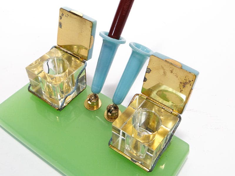 Desk set, blue glass, blue plastic, brass, Poland, 1950s. - 229205