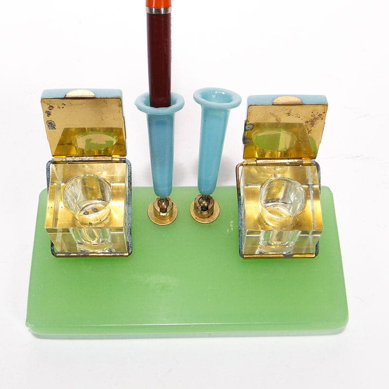 Desk set, blue glass, blue plastic, brass, Poland, 1950s. - 229204