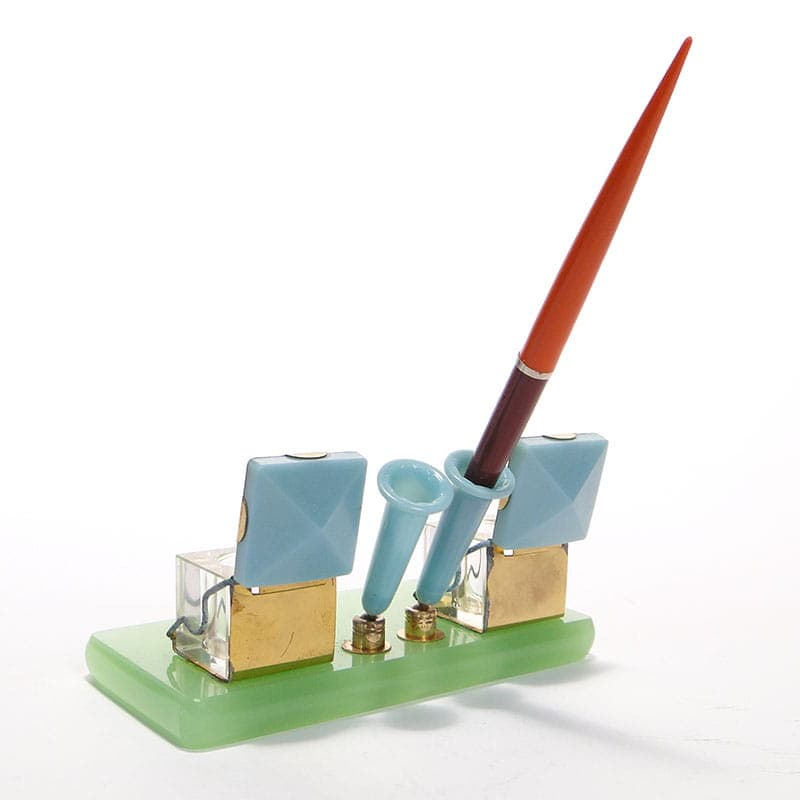 Desk set, blue glass, blue plastic, brass, Poland, 1950s. - 229206
