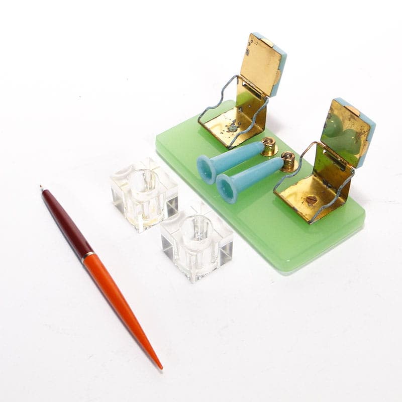 Desk set, blue glass, blue plastic, brass, Poland, 1950s. - 229199