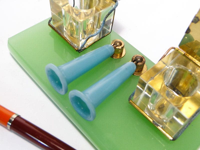 Desk set, blue glass, blue plastic, brass, Poland, 1950s. - 229198