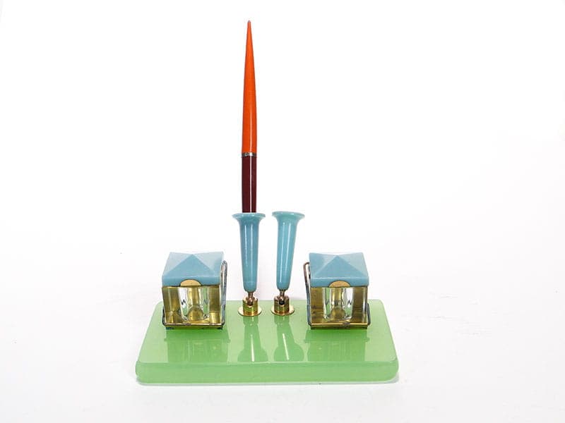 Desk set, blue glass, blue plastic, brass, Poland, 1950s. - 229201