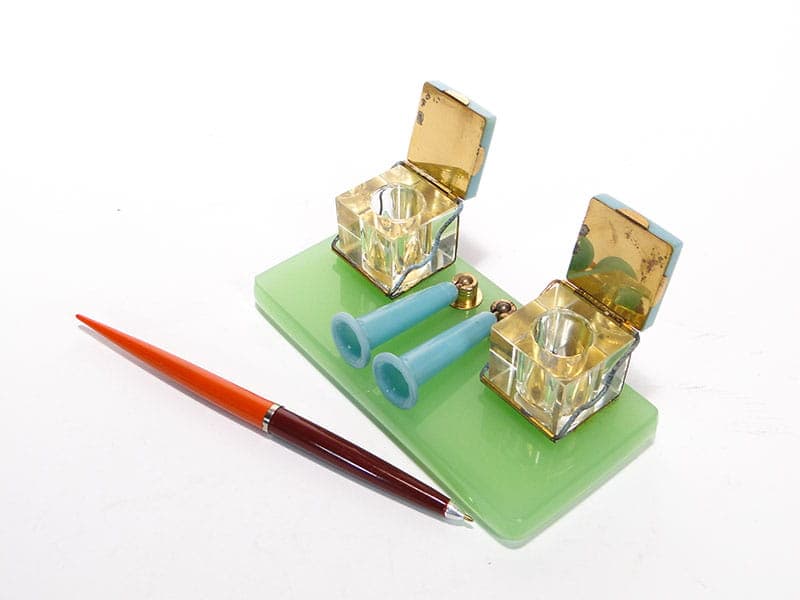 Desk set, blue glass, blue plastic, brass, Poland, 1950s. - 229197