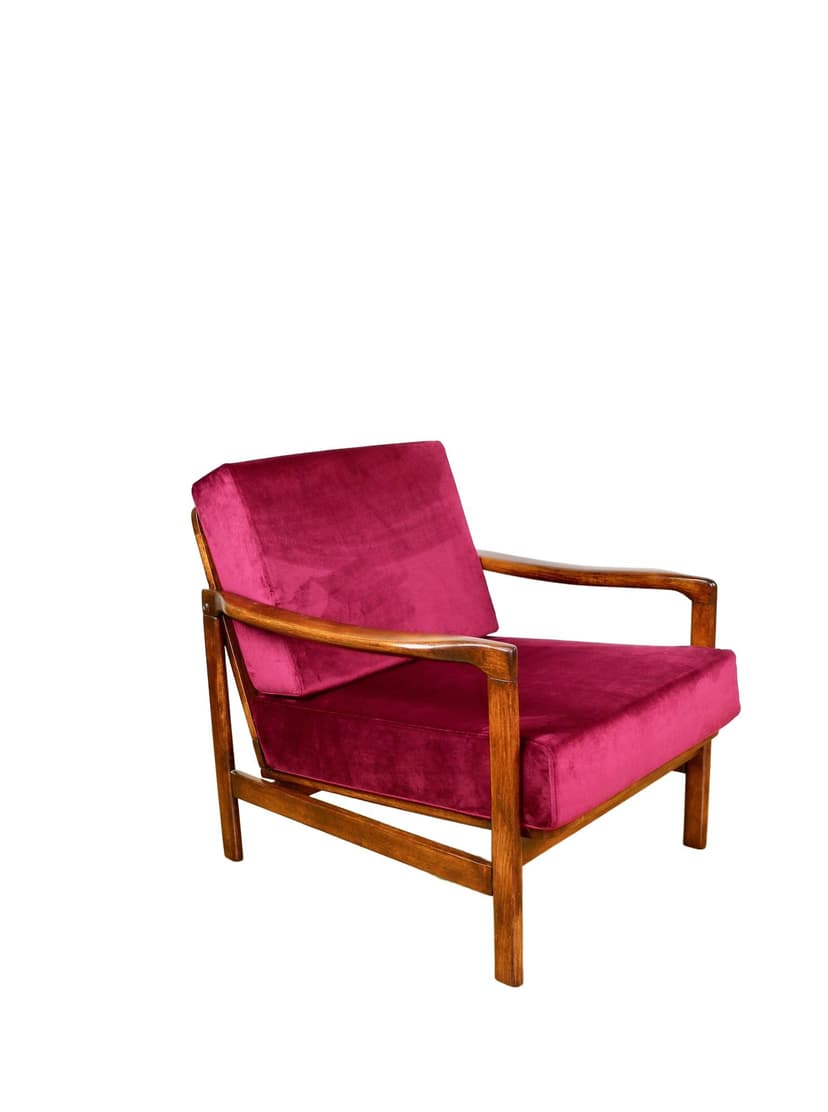 Fotel, velvet bordowy, drewno brązowy, proj. Z. Bączyk, Polska, lata 70.