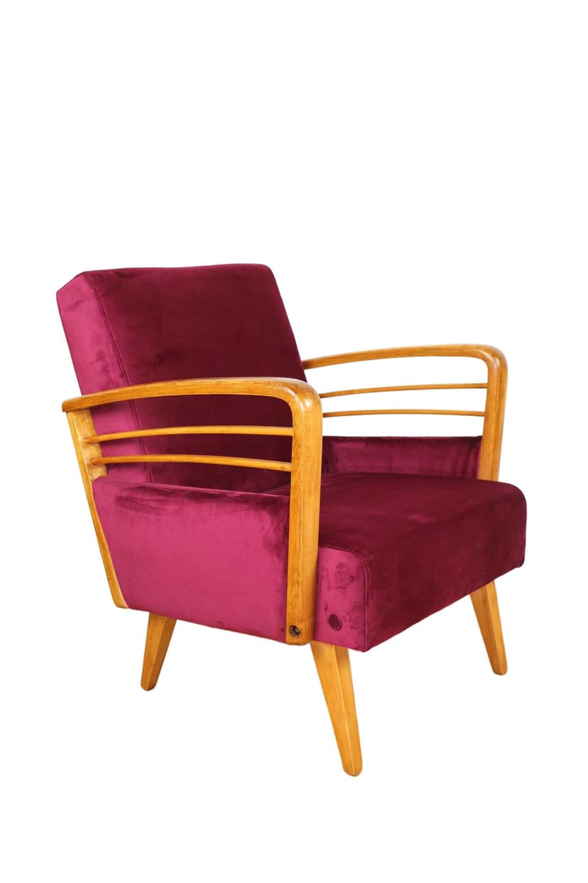 Fotel Art Deco, velvet malinowy, drewno, lata 70.