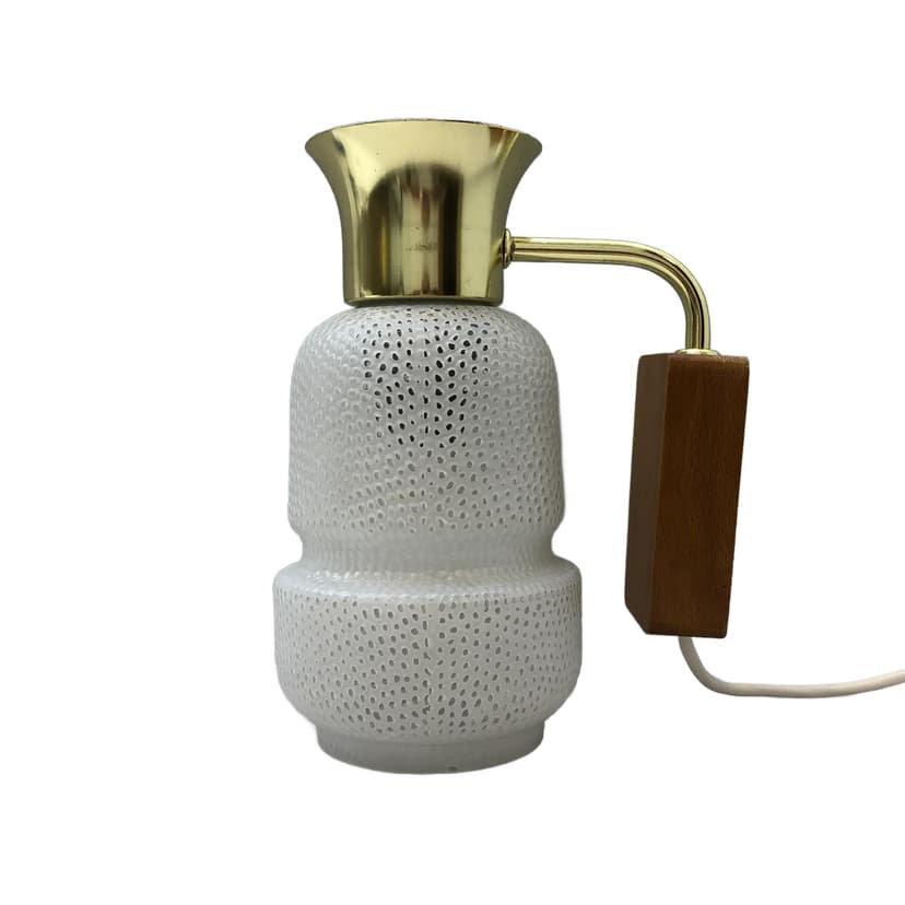 Kinkiet, szkło białe, buk, stal złocona, AKA Electric, Niemcy, lata 70.