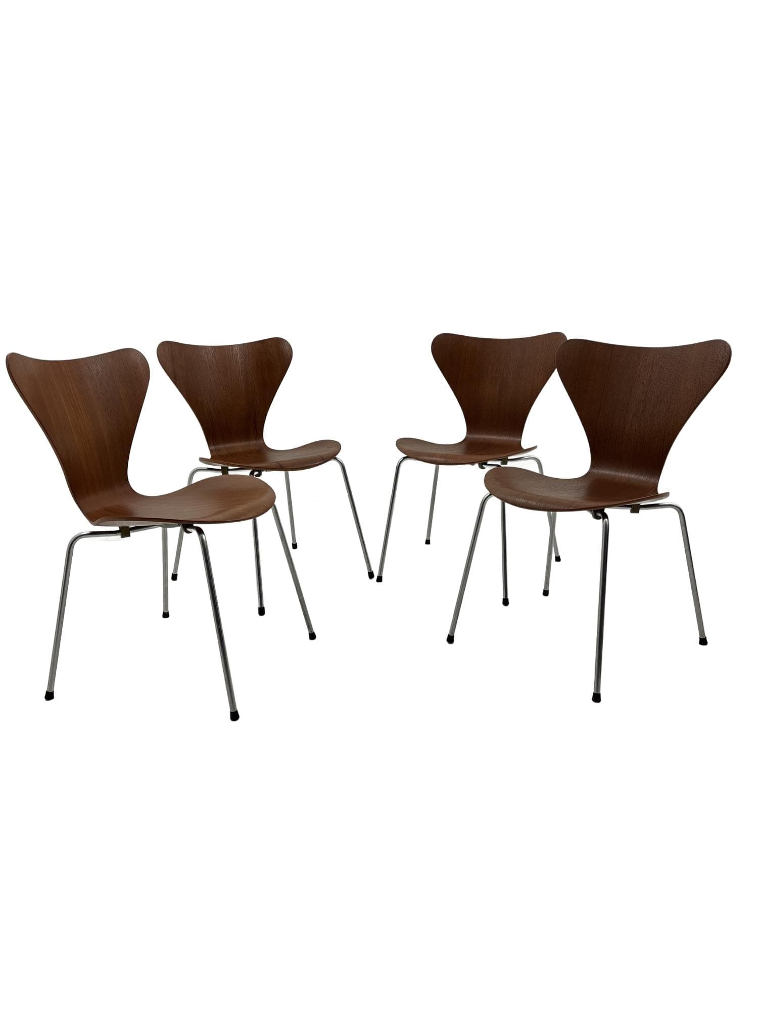 Set of four chairs 3107, brown teak veneer, chromed steel, by A. Jacobsen, Denmark, 1960s.