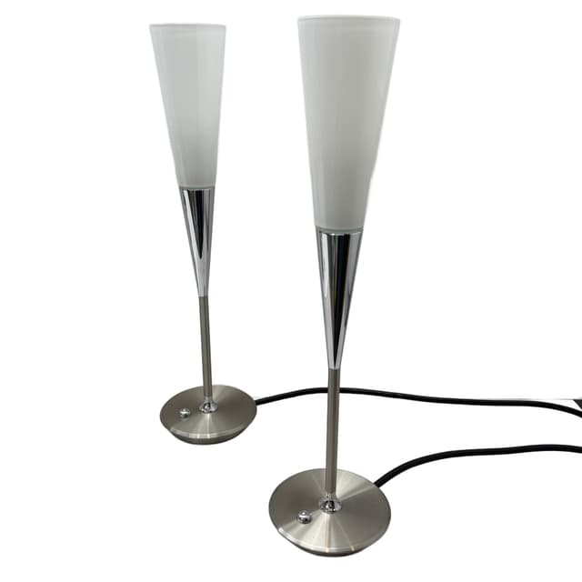 Para lamp stołowych, opalowe szkło białe, stal nierdzewna szczotkowana srebrna, chrom, Niemcy, lata 90. - WYMIARY