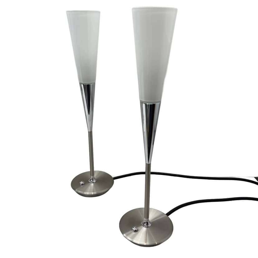Para lamp stołowych, opalowe szkło białe, stal nierdzewna szczotkowana srebrna, chrom, Niemcy, lata 90.