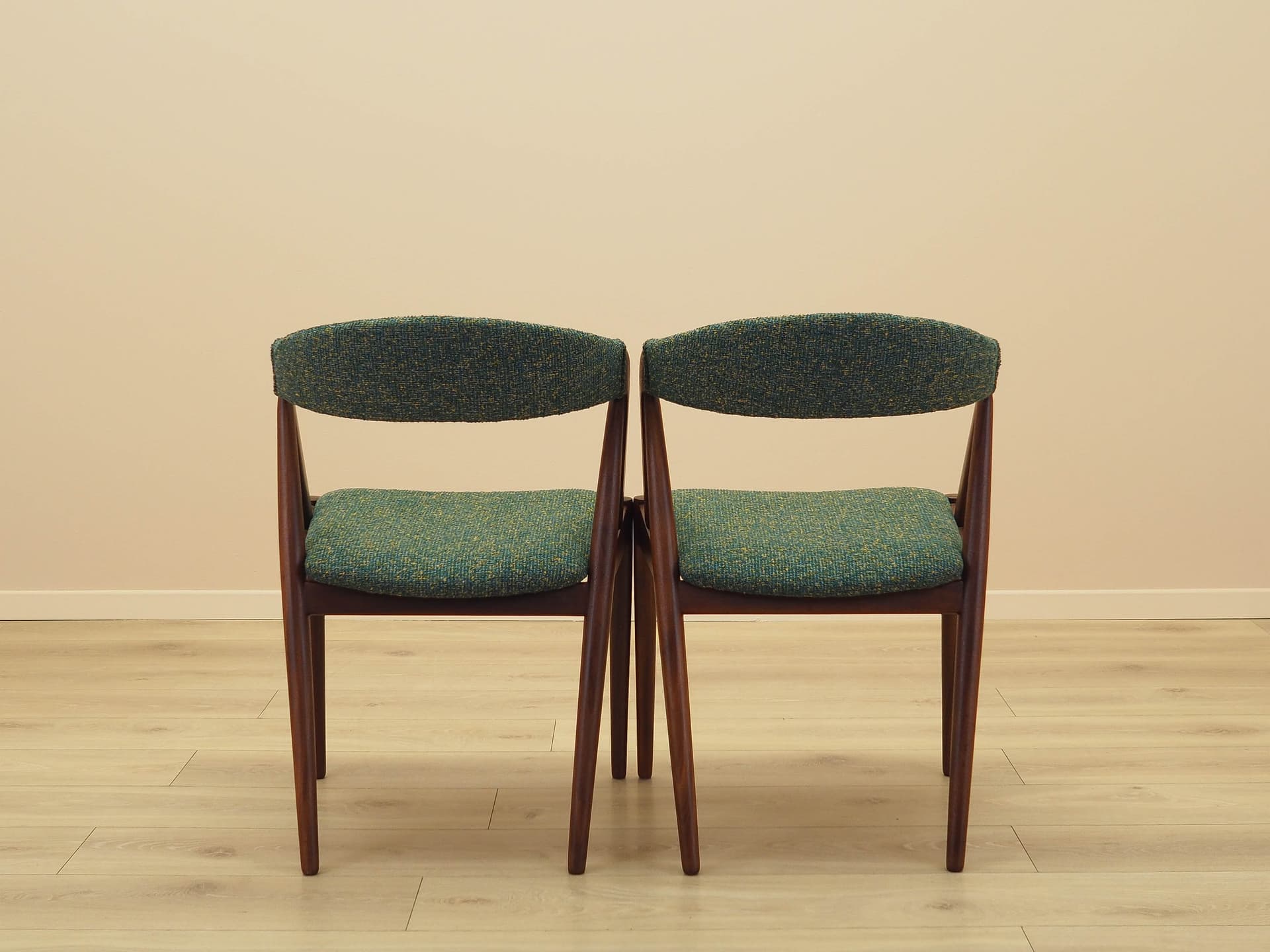 Set of two chairs, brown teak, green fabric, by K. Kristiansen, Denmark, 1970s. - 230648