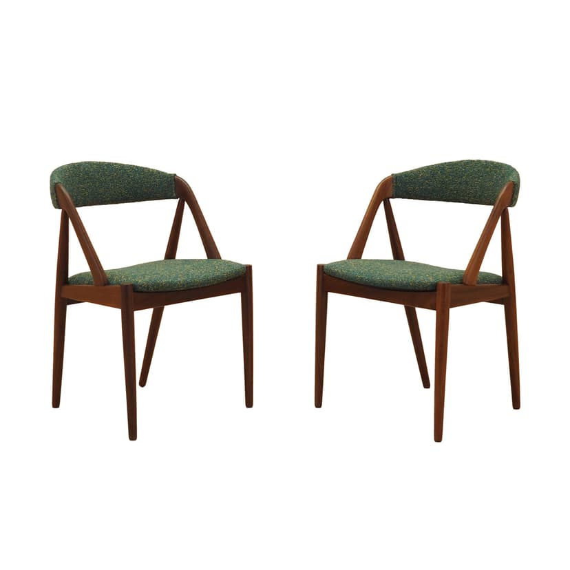 Set of two chairs, brown teak, green fabric, by K. Kristiansen, Denmark, 1970s.