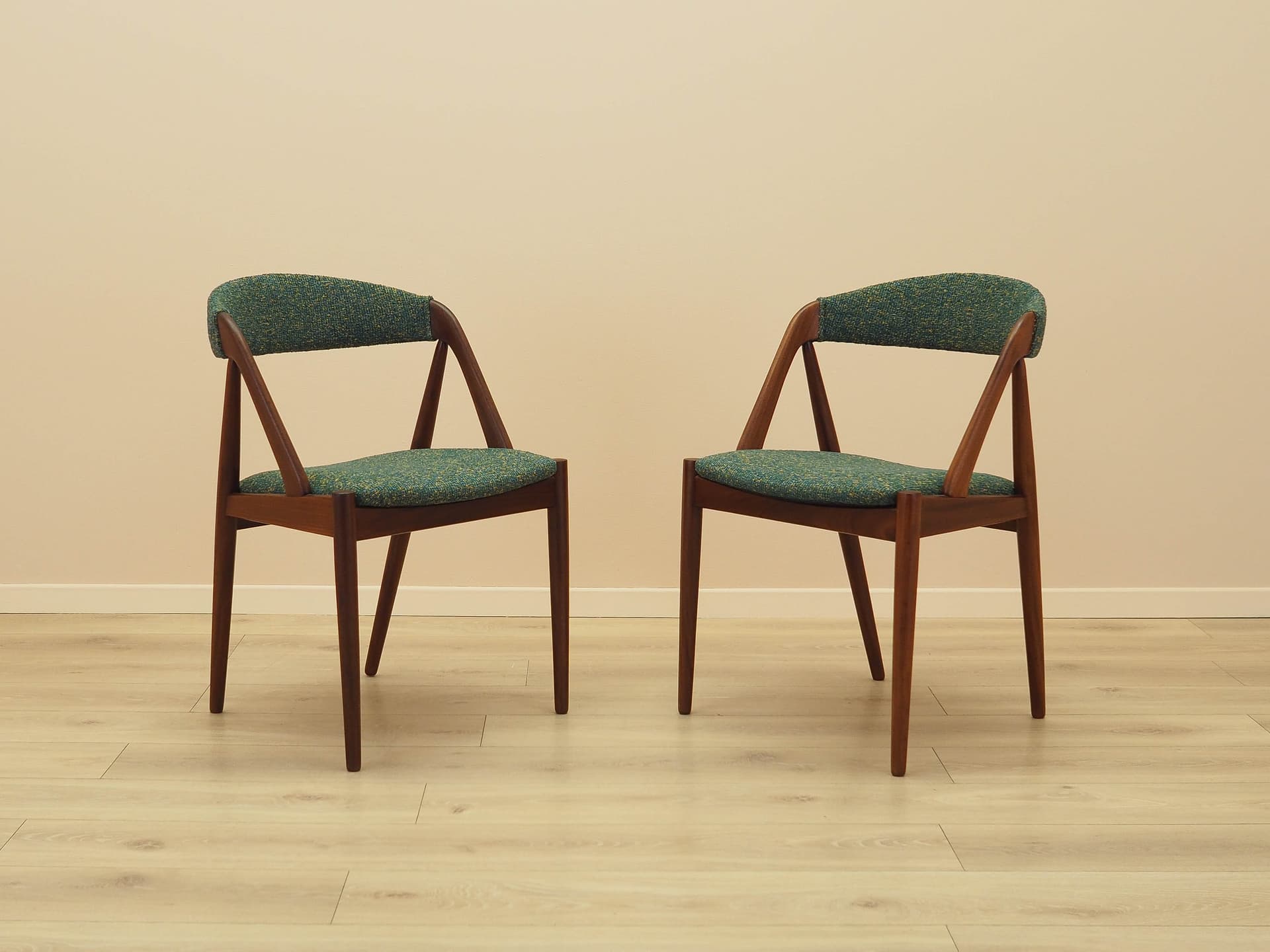 Set of two chairs, brown teak, green fabric, by K. Kristiansen, Denmark, 1970s. - 230645