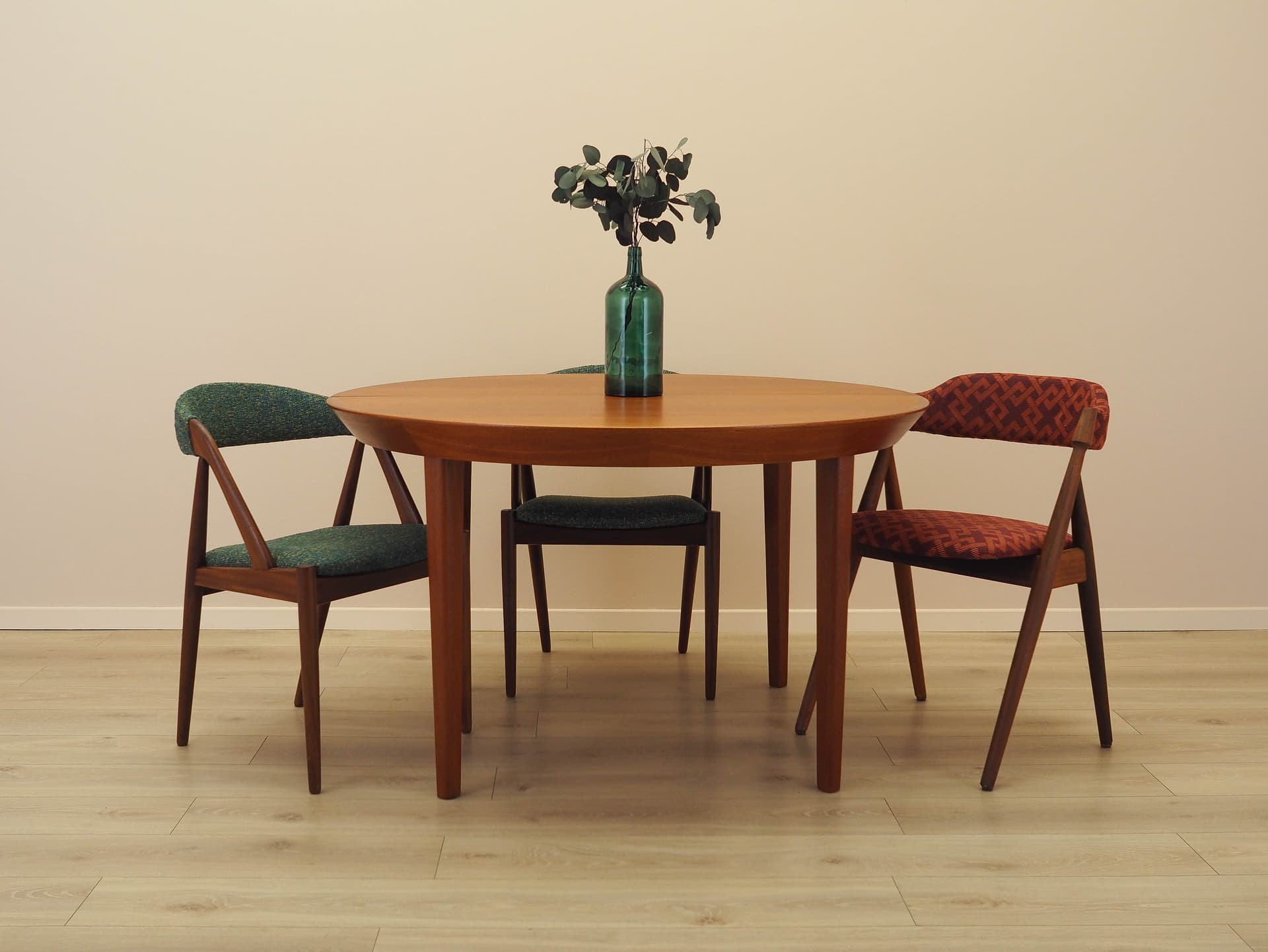 Set of two chairs, brown teak, green fabric, by K. Kristiansen, Denmark, 1970s. - 230642