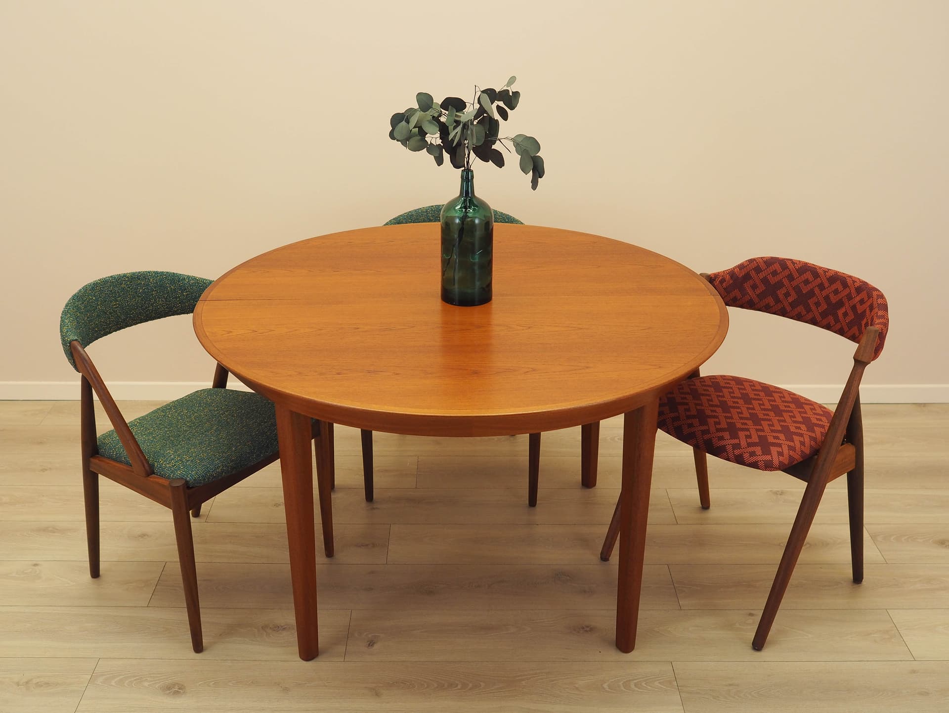 Set of two chairs, brown teak, green fabric, by K. Kristiansen, Denmark, 1970s. - 230644