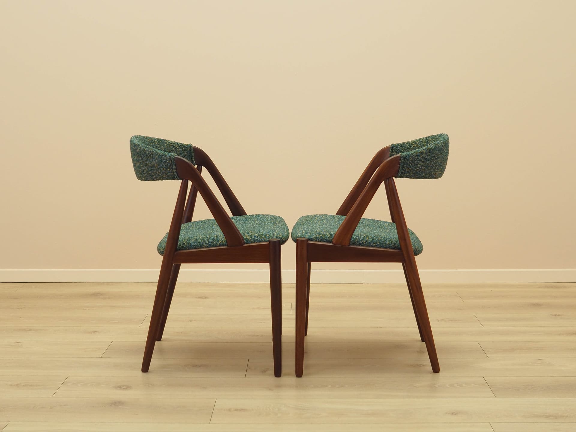 Set of two chairs, brown teak, green fabric, by K. Kristiansen, Denmark, 1970s. - 230647