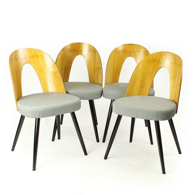 Set of four chairs Tatra, honey oak, grey fabric, by A. Suman, Tatra Nabytok, Czech Republic, 1960s.