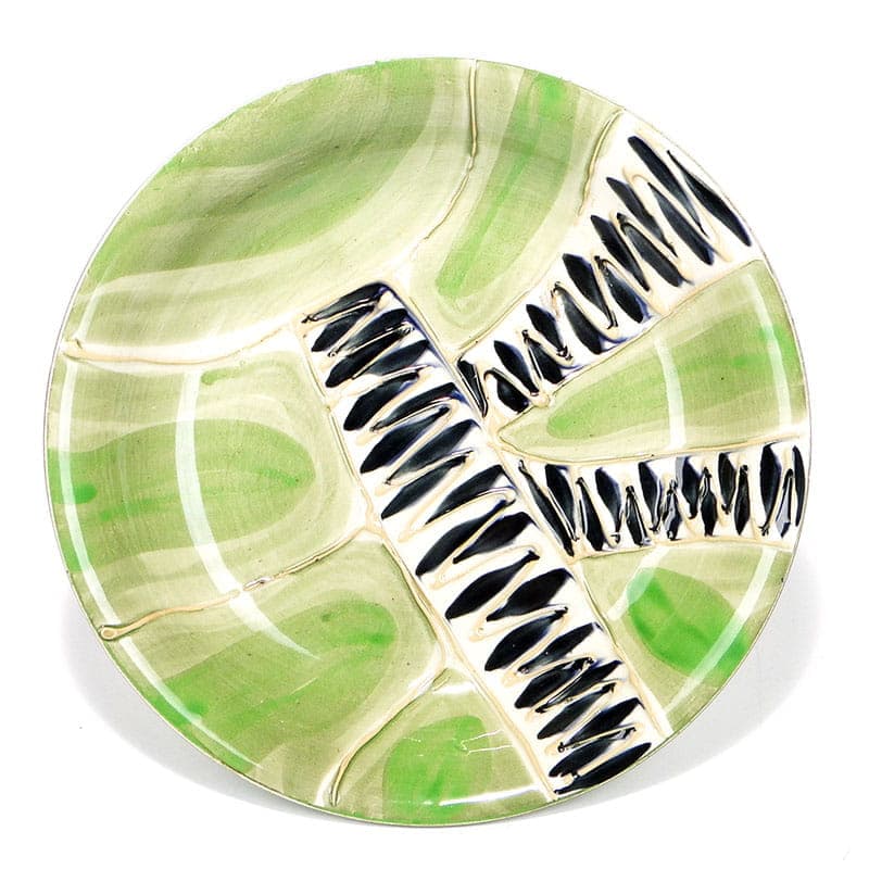 Plate Kora, green, faience, by E. Piwek-Białoborska, Włocławek, Poland, 1960s.