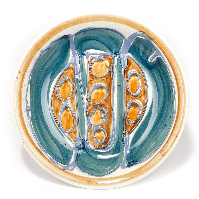Decorative plate Kora, multicolor, ceramics, by E. Piwek-Białoborska, Włocławek, Poland, 1960s.