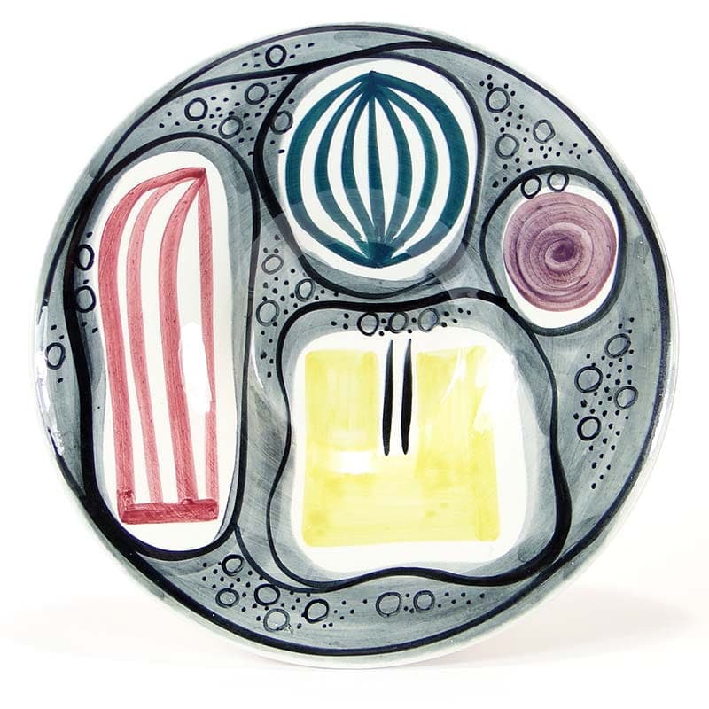 Plate Kapelusz, multicolor, glazed faience, by J. Sowiński, Włocławek, Poland, 1950s.