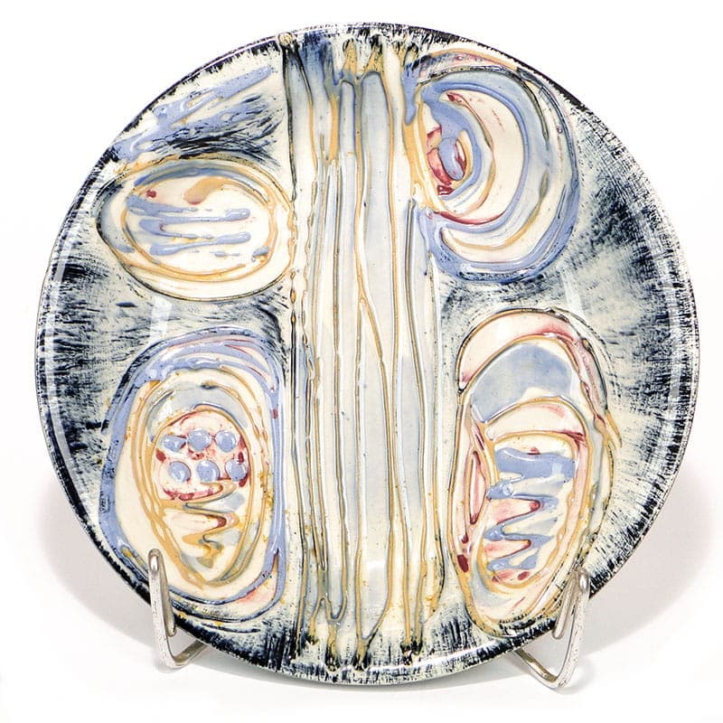 Decorative plate Kora, multicolor, faience, by E. Piwek-Białoborska, Włocławek, Poland, 1960s.