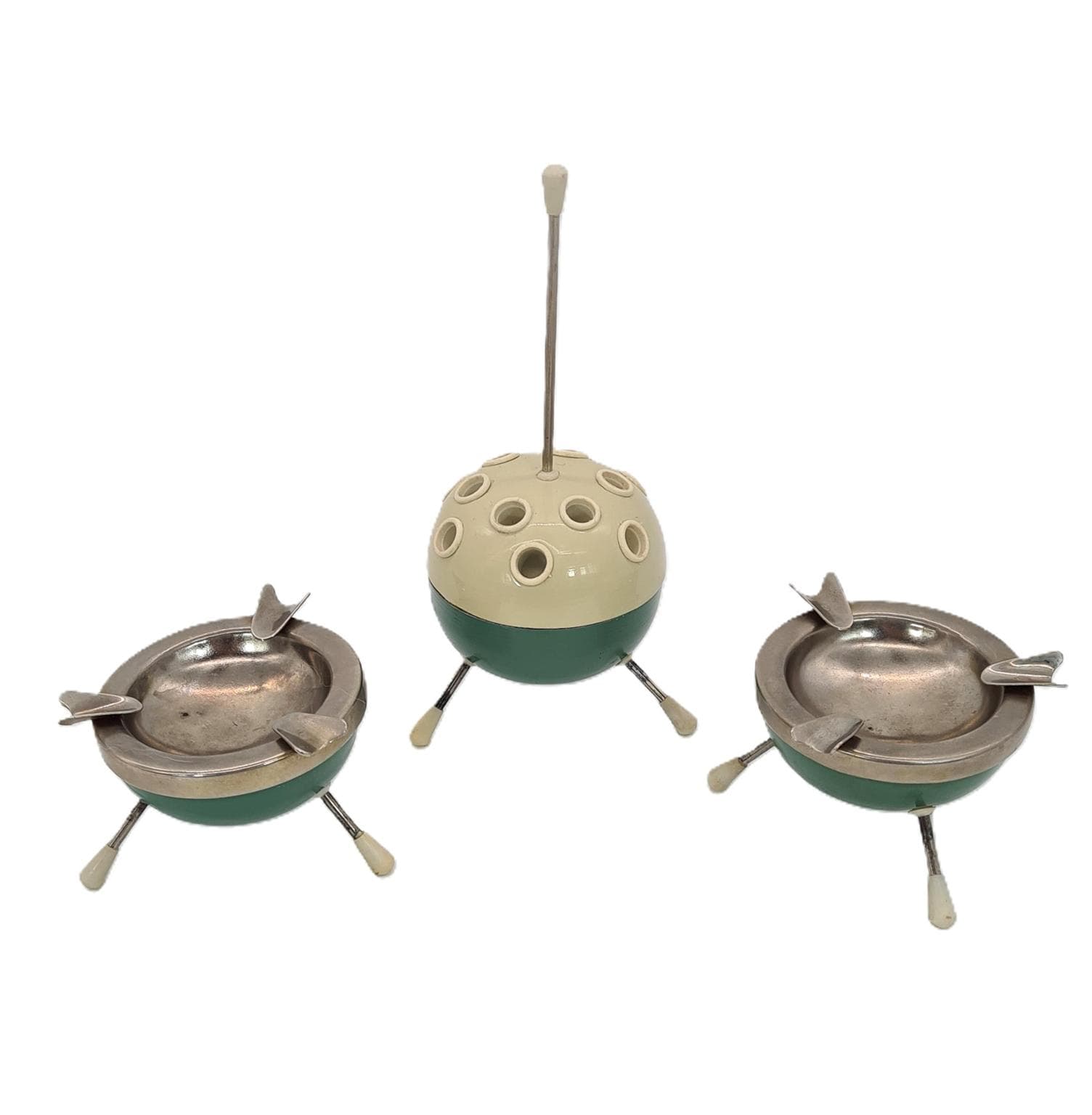 Trzyczęściowy zestaw dla palaczy, zielony, metal, tworzywo, Niemcy/Czechosłowacja, lata 50.